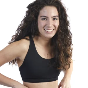 entensa women’s black performance sports bra shown from the front on a white studio background, supportive fit with wide straps, recycled polyester blend, breathable and sweat-wicking for everyday movement.